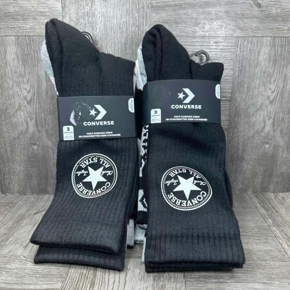 Converse Crew Socks Men 6-12 Black White Grey Logo 6 Pack NEW